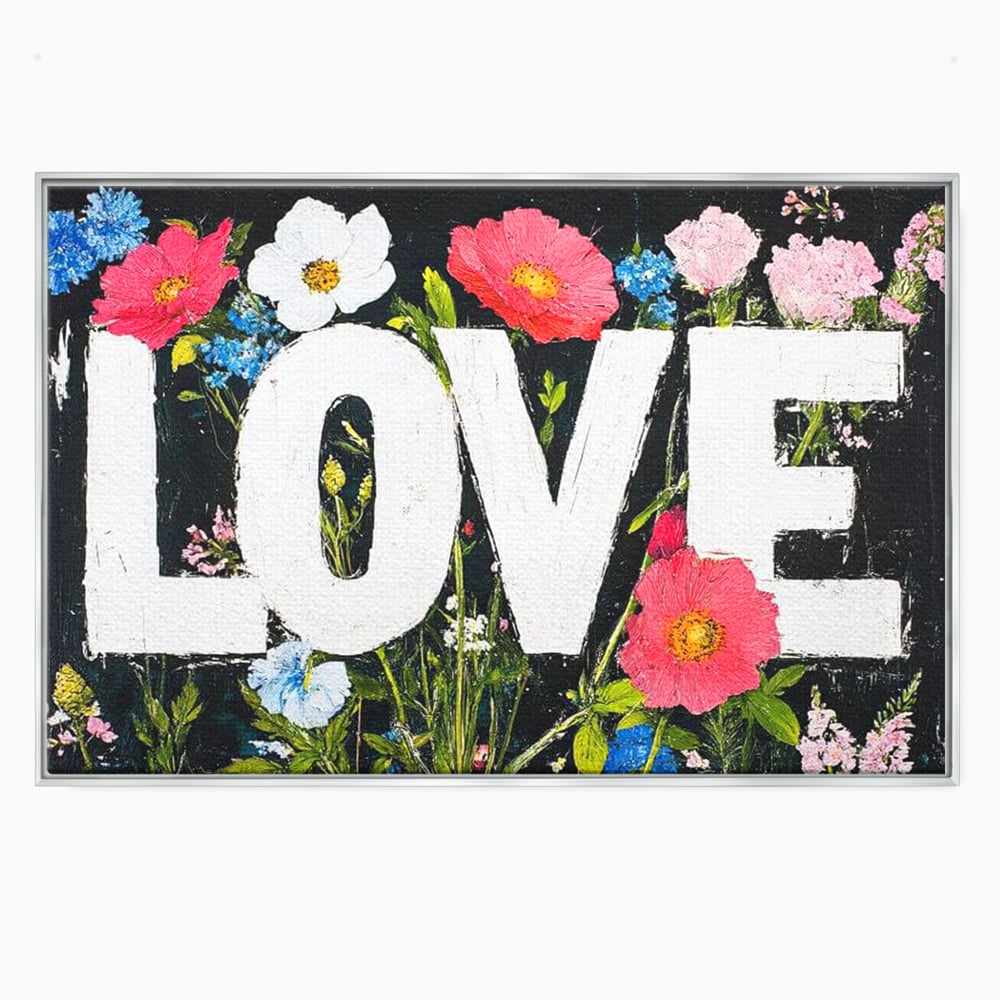 Tablou canvas cu tablou canvas cu flori si cuvantul love, in rama de aluminiu argintiu